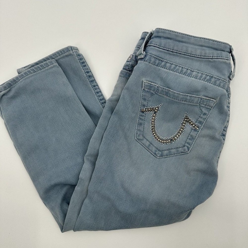 True Religion Curvy Skinny Studded Capri Blue Denim Jean Size 29‎